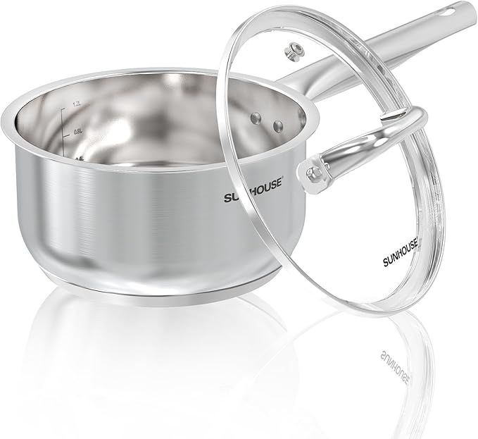 SUNHOUSE – 2 Quarts Stainless Steel Sauce Pan with Lid - PFOA-FREE, High Stainless Steel Sauce Pan, Advanced Impact Bonding Induction Base, Stay-Cool Handle, Compatible with All Cooktops