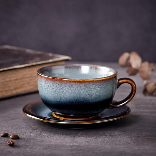 Vintage Design 12 oz Ceramic Latte Art Cappuccino Barista Cup with Saucer (Fog Grey)