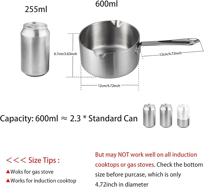 IMEEA Milk Butter Warmer Mini Butter Melting Pot Coffee Maker with Dual Pour Spout 18/10 Tri-Ply Stainless Steel (20oz/600ml)