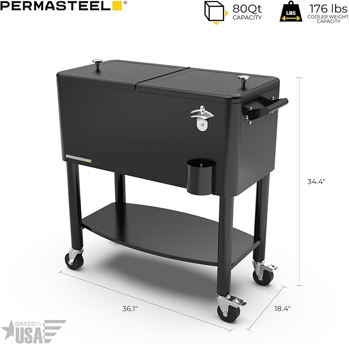 Permasteel 80 Quart Party Cooler, Rolling Ice Chest with Wheels and Handles for Indoor Outdoor Patio