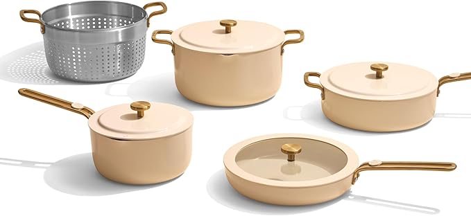 Our Place Essential Cookware Set – 11-Piece Ceramic Nonstick Set with 10" Frypan, Saucepan, Saute Pan, Stock Pot, Storage Racks and Strainer with Thermakind™ | Oven Safe up to 450°F | Cream