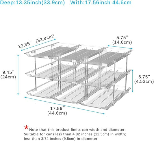 Can Organizer For Pantry, Adjustable Height And Width Canned Goods Organizer, Roller Soup Can Organizer Holds Up to 36 Cans for Kitchen Cabinet or Refrigerator(CLear 3 Tier)