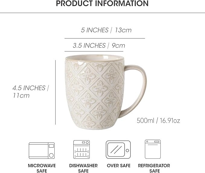 Coffee Mug Set of 4, 16 oz Large Ceramic Mugs, Porcelain Embossed Cups for Cocoa, Tea, Milk, Mocha, Cappuccino - Housewarming Present, Wedding Decoration, Dishwasher Safe, 3.5 x 4.5 inch