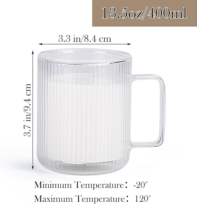 13.5oz Double Walled Glass Coffee Mug - Clear Ribbed Glassware with Handle, Perfect for Cappuccino, Latte, Cereal, Yogurt, Beer, Milk, and All Beverages (Set of 2)