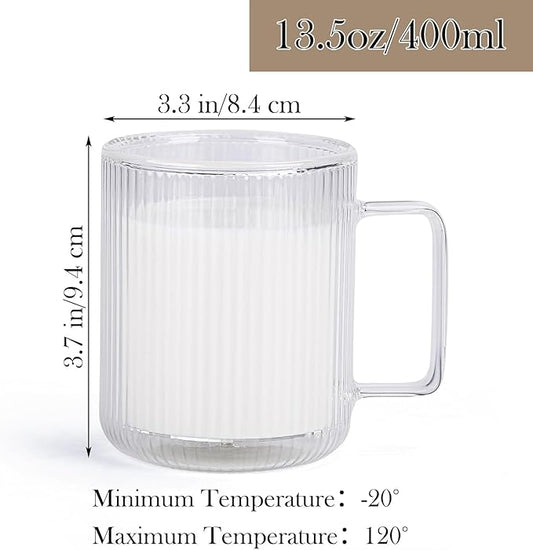 13.5oz Double Walled Glass Coffee Mug - Clear Ribbed Glassware with Handle, Perfect for Cappuccino, Latte, Cereal, Yogurt, Beer, Milk, and All Beverages (Set of 2)