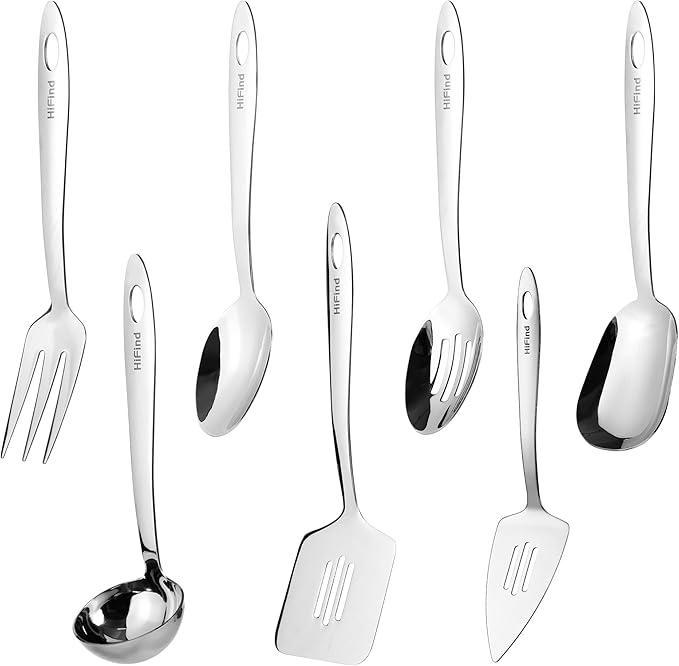 Stainless Steel Serving Utensils Set, 7Pcs Small Kitchen Utensils Set, Small Utensils for Serving, Ladle, Slotted Spatula, Meat Fork, Slotted Spoon, Cake Server, Solid Spoon, Square Spoon