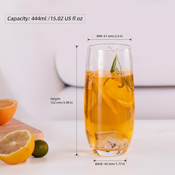 KAMMAK Drinking Glasses Set of 2, 15oz Crystal Water Glasses, Everyday Tall Glass Cups, Highball Glass for Cocktail, Juice, Mojito, Iced Tea, Kitchen and Bar Glassware Gifts, Collins Glasses