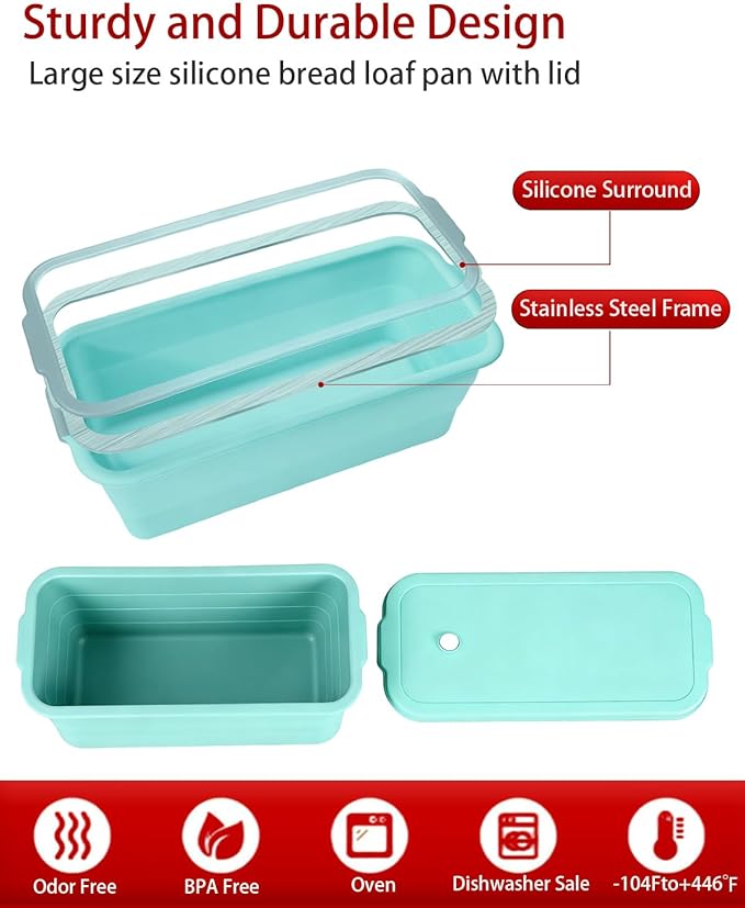 Large size foldable silicone bread loaf pan with lid,11x4.7 Inch easy to store non stick Bread Baking Pans,Sourdough Bread Pan with Baking Tool Supplies Kit for Homemade Bread, Cake
