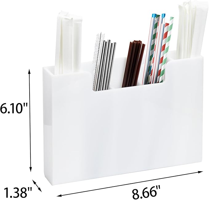 Acrylic Straw Organizer Holder for Counter Cabinet, 5 Slot Straw Dispenser with 2 Installation Methods for Kitchen Café Bar, White