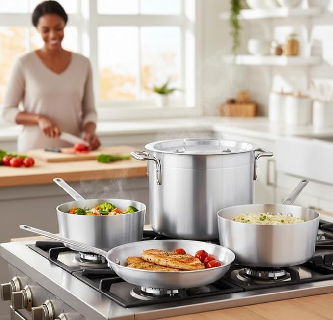5-Piece Aluminum Cookware Set – Includes 2.75 Qt & 3.75 Qt Sauce Pans, 8 Qt Stock Pot with Cover, and 10" Fry Pan – Heavy-Duty Riveted Handles, Superior Heat Distribution (5-Piece Set)
