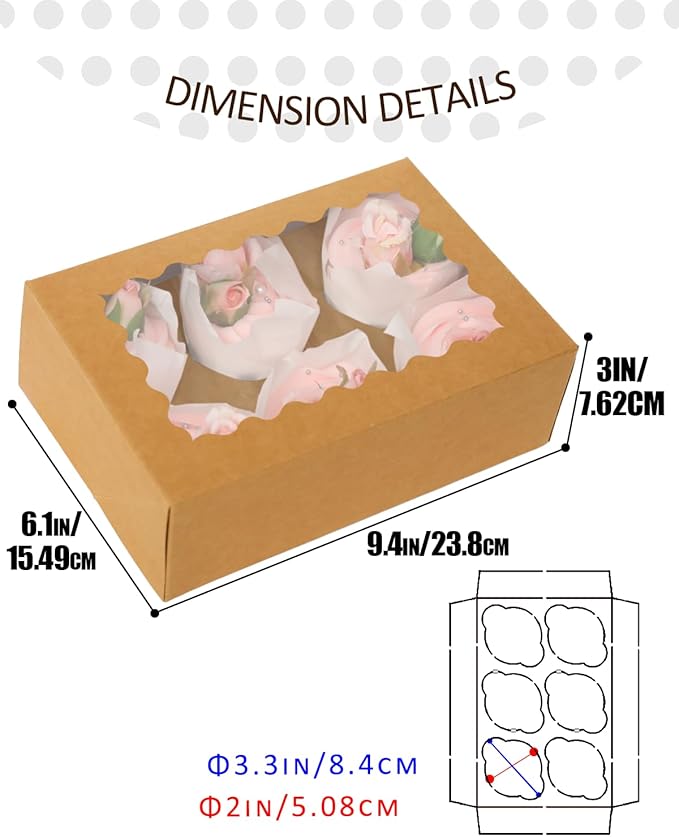 qiqee Brown 6 Cupcake Boxes with Window 30 Auto pop up Packs Cupcake Box 9"x6.1"x3.3" Bakery Boxes For Cupcakes Carrier, Cupcake Containers