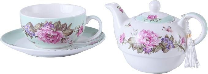 London Boutique Tea for One Teapot Cup Saucer Set Vintage Bird Rose Butterfly Flora New Bone China Gift Box (Teal)