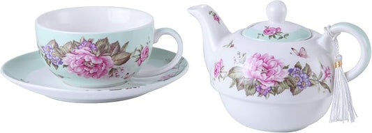 London Boutique Tea for One Teapot Cup Saucer Set Vintage Bird Rose Butterfly Flora New Bone China Gift Box (Teal)