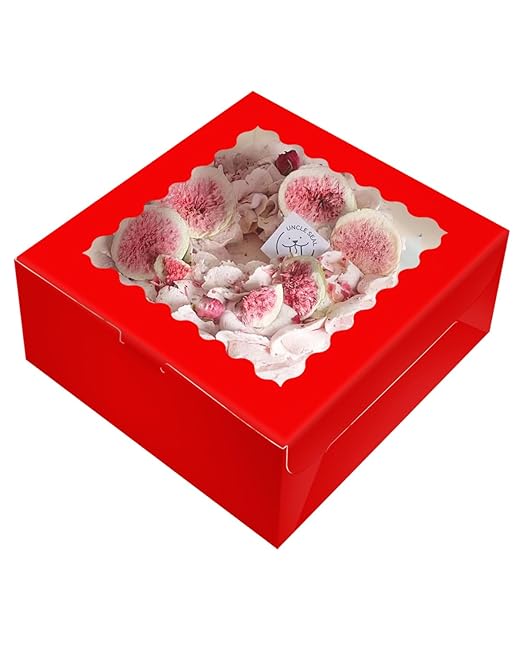 qiqee 10x10x5 Cake Box, 18 Sets Red Cake Box with Window ＆ 18 Sets 10" Red Cake Round Boards, 10inch Cake Containers