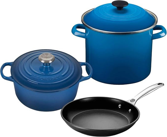 Le Creuset 5-Piece Oven and Stovetop Cookware Bundle - 4-1/2 QT Round Dutch Oven, 8 QT Covered Stockpot, and 10" Toughened Nonstick Pro Fry Pan - Marseille