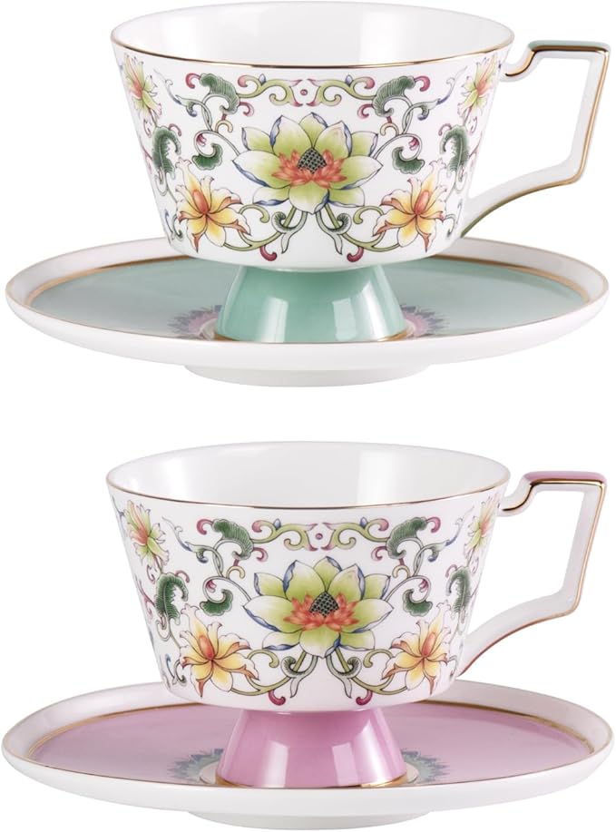 KAMMAK Ceramic Tea Cup and Saucer Set with Gold Trim, Floral Lotus & Scroll Pattern, 240ml Elegant Bone China Coffee Cup Set in Mint Green & Pink for Afternoon Tea, Gift for Women