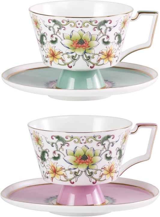 KAMMAK Ceramic Tea Cup and Saucer Set with Gold Trim, Floral Lotus & Scroll Pattern, 240ml Elegant Bone China Coffee Cup Set in Mint Green & Pink for Afternoon Tea, Gift for Women