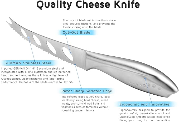 WELLSTAR Cheese Knife, Serrated Tomato Knife 5 Inch Sharp High Carbon Stainless Steel Blade for Cutting All Cheese Types – Silver