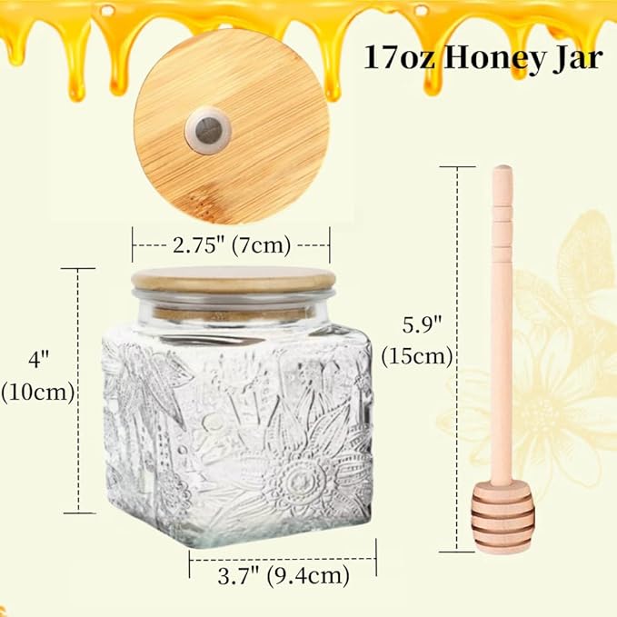 ANSQU Honey Pot, Airtight Glass Honey Jar with Bamboo Lid and Dipper Stick, Honey Container for Storing Syrup Jam Mason Jar for Home Kitchen, 17oz (Square Sunflower,1 Pack)