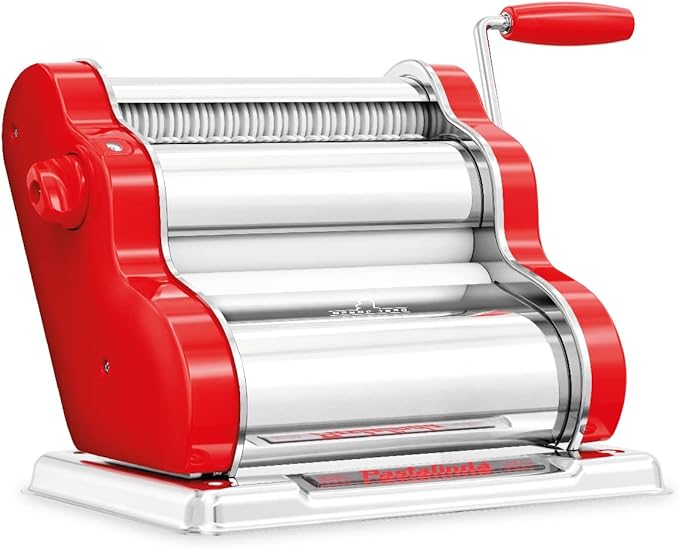 PASTALINDAClassic 200 Pasta Maker Machine, 20 cm Wide Rollers, 9 Thickness Positions, 2 Cutting Positions, Stainless Steel. Includes Reinforced Hand Crank And Two Clamps (Red)