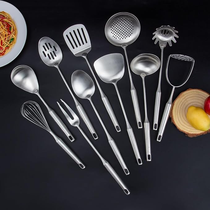 304 Stainless Steel Kitchen Utensils Set, 11PCS Metal Cooking Tools, Masher, Fork, Solid Spoon, Slotted Spoon, Spatula, Whisk, Skimmer, Slotted Spatula Tunner, Soup Ladle, Spaghetti Spoon, Large Ladle