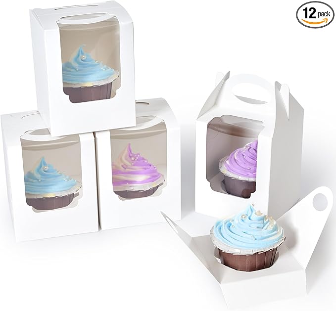 Cupcake Boxes 12 pcs, Individual Cupcake Containers White with Window Insert and Handle, Pastry Box Single Muffins Holder Disposable for Bakery Wrapping Party Favor Packaging