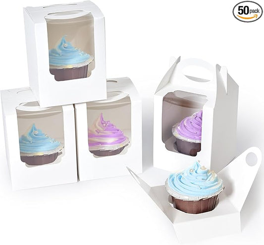 Cupcake Boxes 50 pcs, Individual Cupcake Containers White with Window Insert and Handle, Pastry Box Single Muffins Holder Disposable for Bakery Wrapping Party Favor Packaging