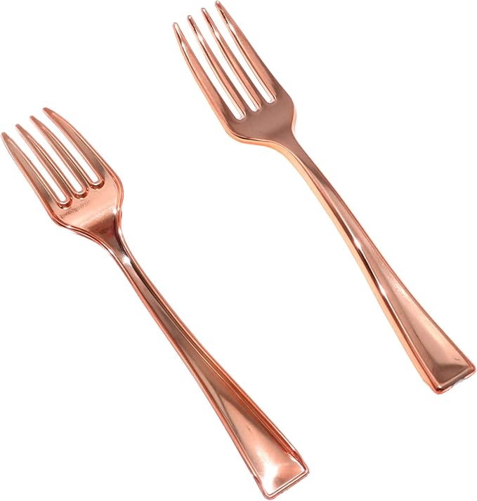 24PCS 9.8cm Disposable Rose Gold Mini Fork Mini Plastic Tasting Forks Disposable Mini Fork Fruit Dessert Pudding Fork for Appetizer Desserts Cocktail Cake Fruit Wedding Party