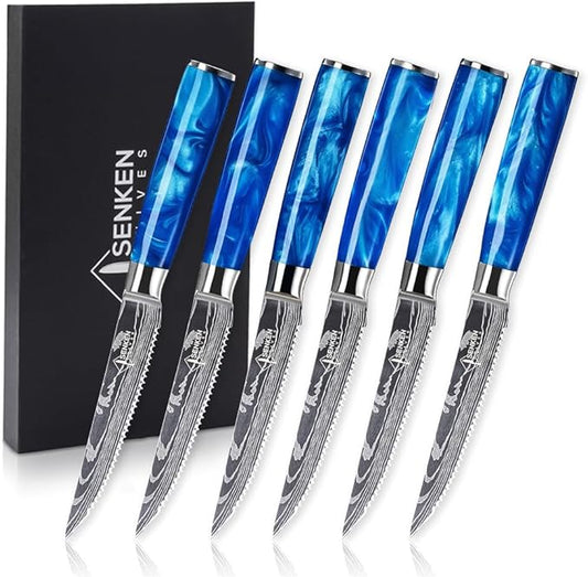 SENKEN Professional Steak Knife Set with Engraved Damascus Pattern, Razor Sharp Blade, High Carbon Stainless Steel with Beautiful Gift Box, Blue & Red Resin Handles
