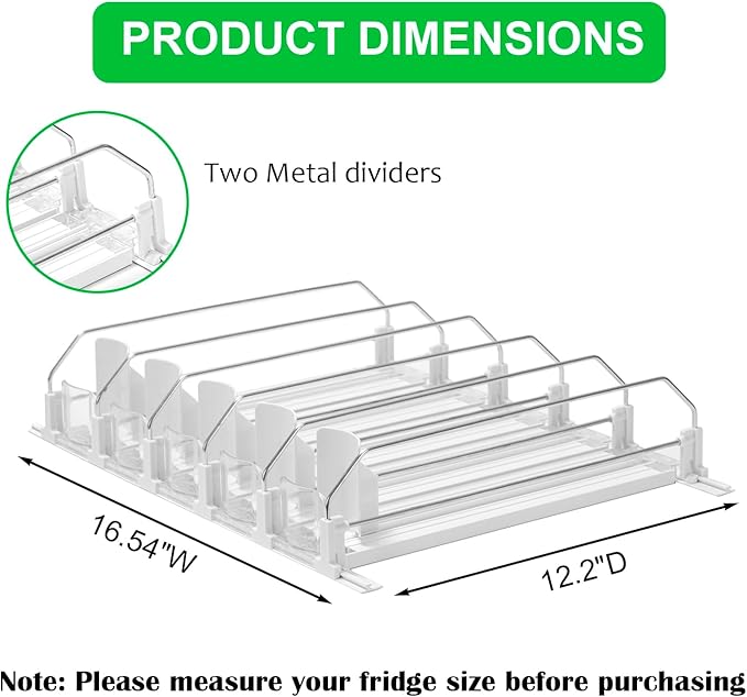 RULA Drink Organizer for Fridge, Self-Pushing Soda Can Dispenser for Mini Refrigerator, Width Adjustable Water Bottle Pusher Glide, White, 5 Rows,12.2” D