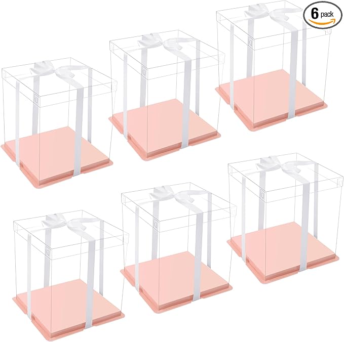 XININSUN pink clear cake box with ribbon,6inch 8inch cake boxes,transparent cake box cake carrier,Square Cardboard Cake Containers clear gift boxes for Wedding,Birthday,Party(6pcs)