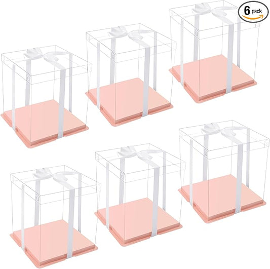 XININSUN pink clear cake box with ribbon,6inch 8inch cake boxes,transparent cake box cake carrier,Square Cardboard Cake Containers clear gift boxes for Wedding,Birthday,Party(6pcs)