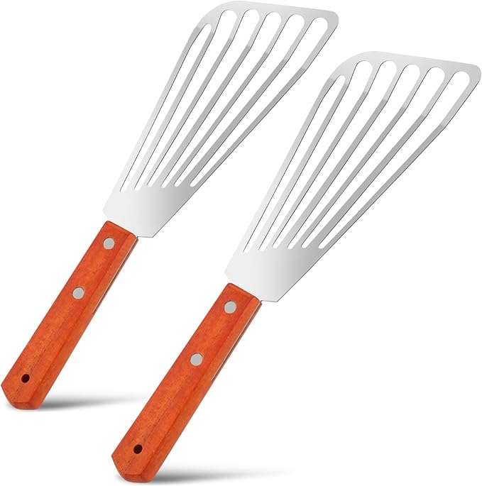 2 PCS Fish Spatula Stainless Steel, Upgraded Version Wooden Handle Fish Spatula, Polished Metal Slotted Turner For Flipping Fish, Omelets, Crepes, Steaks, and Hamburgers