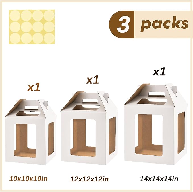 Tall Cake Boxes 6 Windows with handle, In 3 Size 10x10x10&12x12x12&14x14x14inch Cake Boxes,Square Cake Carrier,largeTake Out Transport Containers(3Pcs-White)