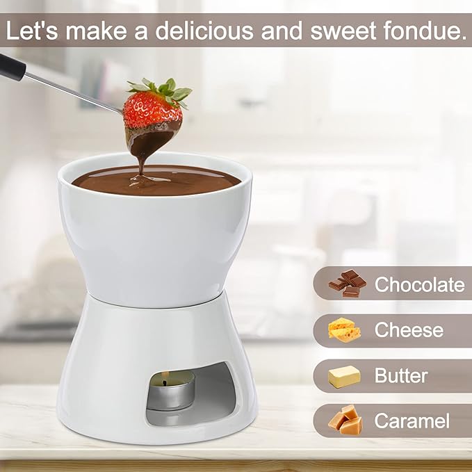 400ML Ceramic Butter Warmer Set with 4 Forks, Fondue Pot Melting Pot Set, Melt Hot Pot Bowl Set For Cheese Chocolate Butter Caramel