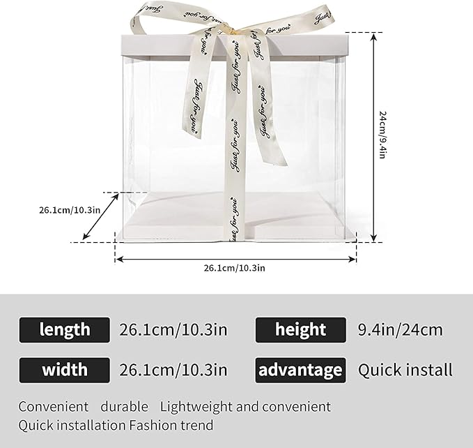 4 Pack Clear Cake Box Carrier 10" X 10" X 9" Cake Packaging Container with Ribbon Transparent Boxes with Lid Gift Package for Birthday Wedding Party, White