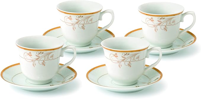 World Gifts Elegant Durable and Colorful Porcelain Tea-Coffee Cups and Saucers Set - Gold Floral Design, Set of 4