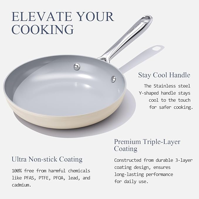 Nonstick Ceramic Frying Pan 10" Non Toxic Cooking Skillet for Eggs Pancakes & Stir Fry, Even Heat Distribution, PTFE/PFOA/PFAS Free, All Cookops Compatible, Stainless Steel Handle, Cream