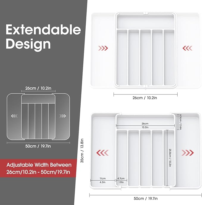 Aujen Silverware Organizer - Expandable Kitchen Drawer Organizer, Adjustable Utensil Organizer, Cutlery Tray for Forks, Knives, Multipurpose Kitchen Organizers and Storage Solution, White, Large