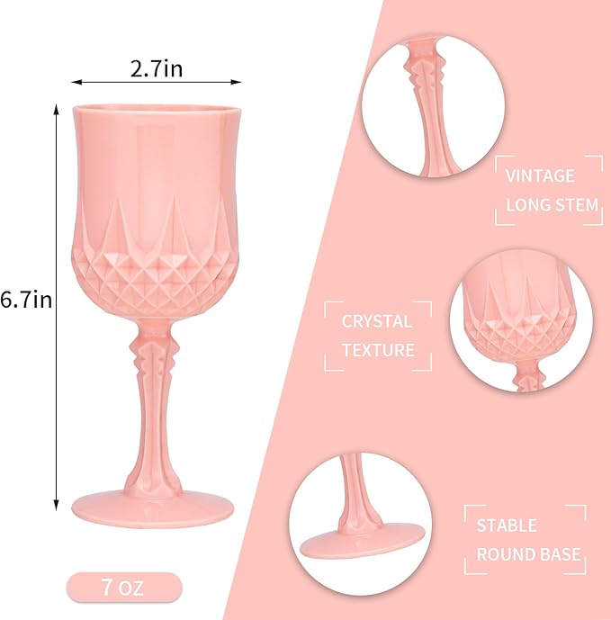 Plastic Vintage Wine Glasses 7OZ Plastic Goblets Vintage Drinking Glasses 12PCS Retro Wedding Glassware Water Goblets Reusable Drinking Cups for Party,Reception,Celebration,Bar,Whiskey(Light Pink)