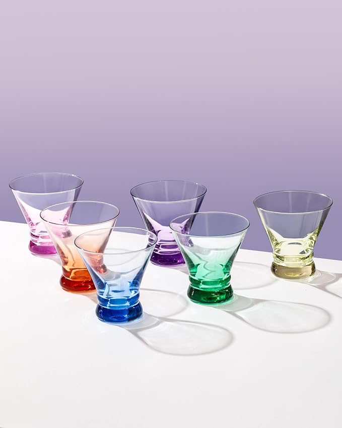 ColoVie Martini Glasses Set of 6 - Cocktail Glasses - 8oz Stemless Margarita, Bar, Dessert Glass - Colored Liquor Drinking Glassware - Cosmo, Manhattan, Espresso Martini - Cocktail Party Gift for Her