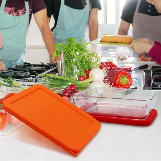 Sophico 6 Cup Rectangle Silicone Storage Cover Lids Replacement for Pyrex 7211-PC Glass Bowls, Container not Included (Red-Orange)