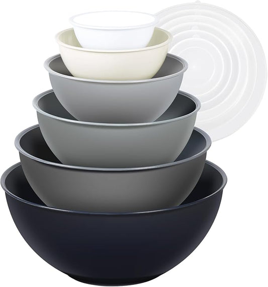 6-Piece Plastic Mixing Bowl Set with Lids for Kitchen, Nesting Storage Bowls for Baking, Prepping,Cooking and Serving Food, Dishwasher, Microwave Safe,Great for Mixing & Serving,Gray