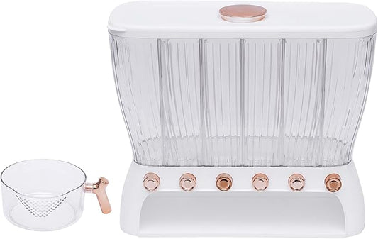 6 Grids Dry Food Dispenser Grain Rice Storage Dispenser with Measuring Cup, 22lbs Sealed Storage Tank for Home Kitchen, Detachable Partition