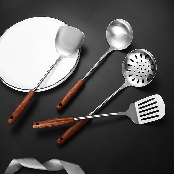 304 Stainless Steel Kitchen Utensils Set, 4 Pcs Long Cooking Utensils Set with Wooden Handle, Large Heat Resistant Kitchen Tools(Dishwasher Safe)