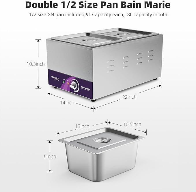 2-Pan Commercial Food Warmer with Non-Leakage Stretch-Forming Water Tank &2 of 1/2 Size GN Pan,18L Countertop Steam Table Soup Station Bain Marie for Buffet,Catering,Parties and Restaurants
