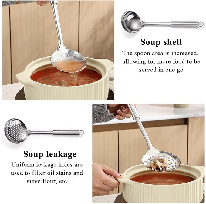 Stainless Steel Cooking Utensils Set 6 Pieces, Kitchen Tools Set Include Metal Spatula Set, Skimmer, Ladle, Tong, Whisk, Kitchen Gadgets Essentials New Home Must Have