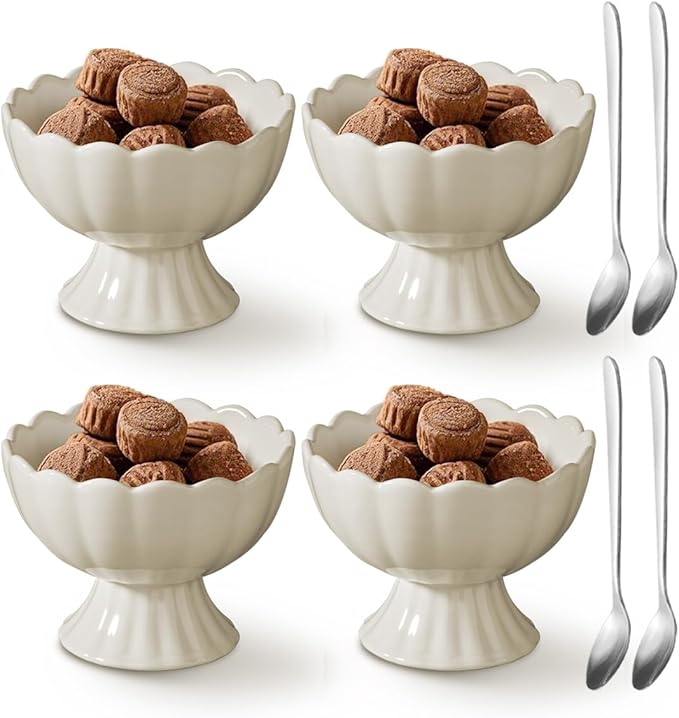 Ceramic Bowl Set of 4 Footed Dessert Bowls with Spoon, Elegant Trifle Bowl with Pedestal for Candy, Salad, Fruit, Tiramisu, Party Serving Punch Bowls