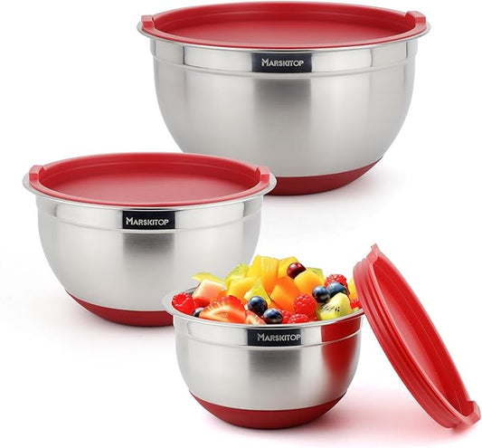 MARSKITOP Stainless Steel Mixing Bowls with Lids Set, Nesting Mixing Bowls with Airtight Lids, Measurement Marks and Red Non-Slip Bottoms, Great for Mixing and Serving, 1.5QT & 3QT & 5QT