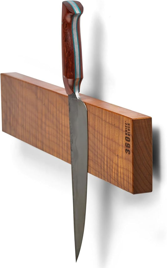 360KnifeBlock BAR - 4”x18” Guitar Wood wall mount knife BAR - verticle hang magnetic knive bar, two rows of magnets, solid wood, handmade in washington - 18" wood
